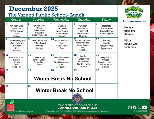 December 2025 Lunch Menu! Featured Photo