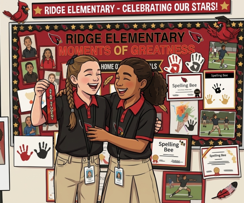 Two students joyfully celebrating in front of a school display.