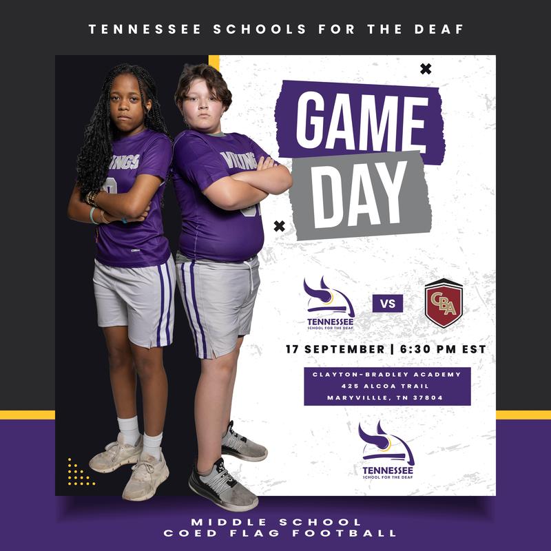 Two young athletes in purple jerseys pose for Game Day poster.