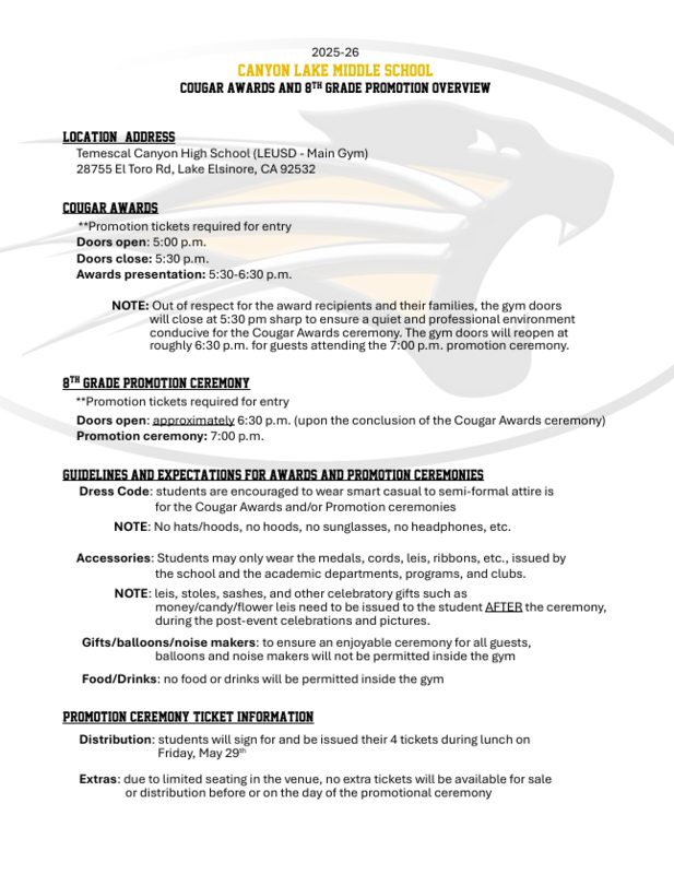 8th Grade Cougar Awards & 8th Grade Promotion Information