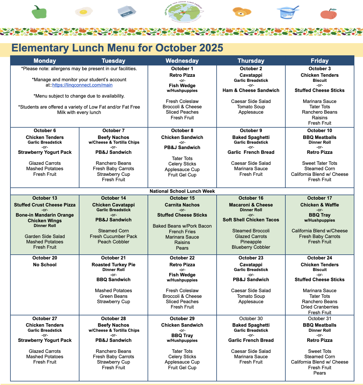 October Lunch Menu