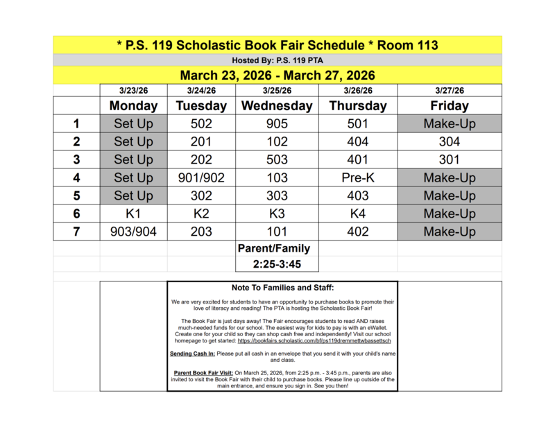 PS 119 Scholastic Book Fair Schedule March 2026