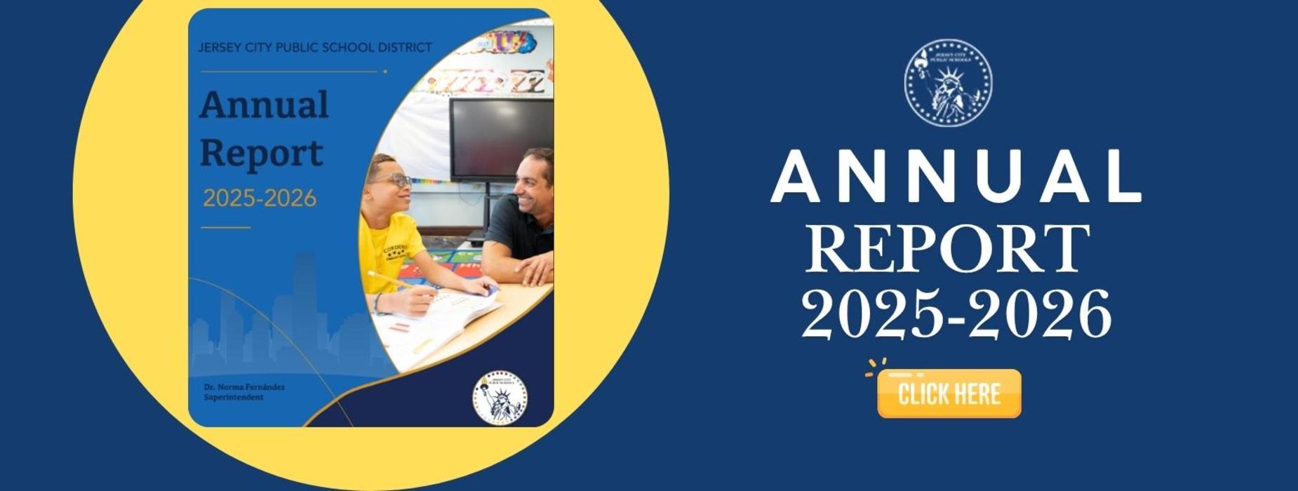 Annual report cover featuring students and a teacher with clickable link.