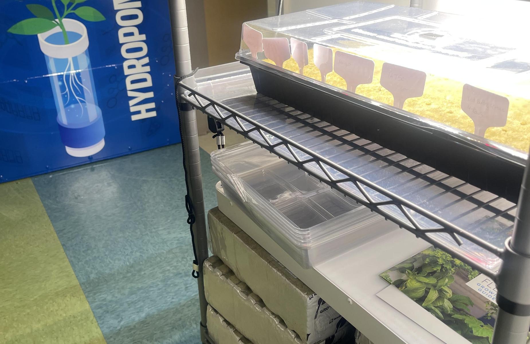 Hydroponics setup with containers, shelves, and a blue banner in the background.