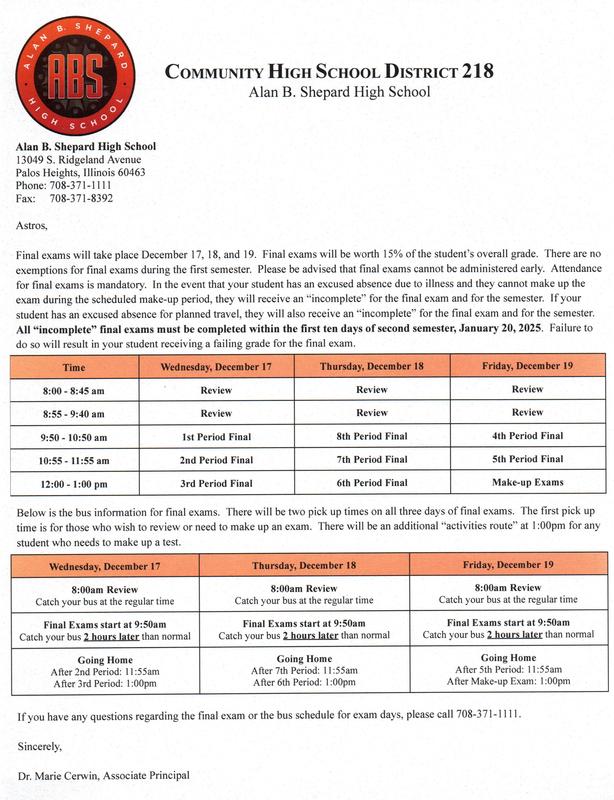 Semester 1 Final Exams Information