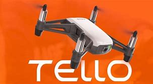 A Tello drone against an orange backdrop with its name.