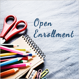 Pens, scissors, notebook, Open enrollment words