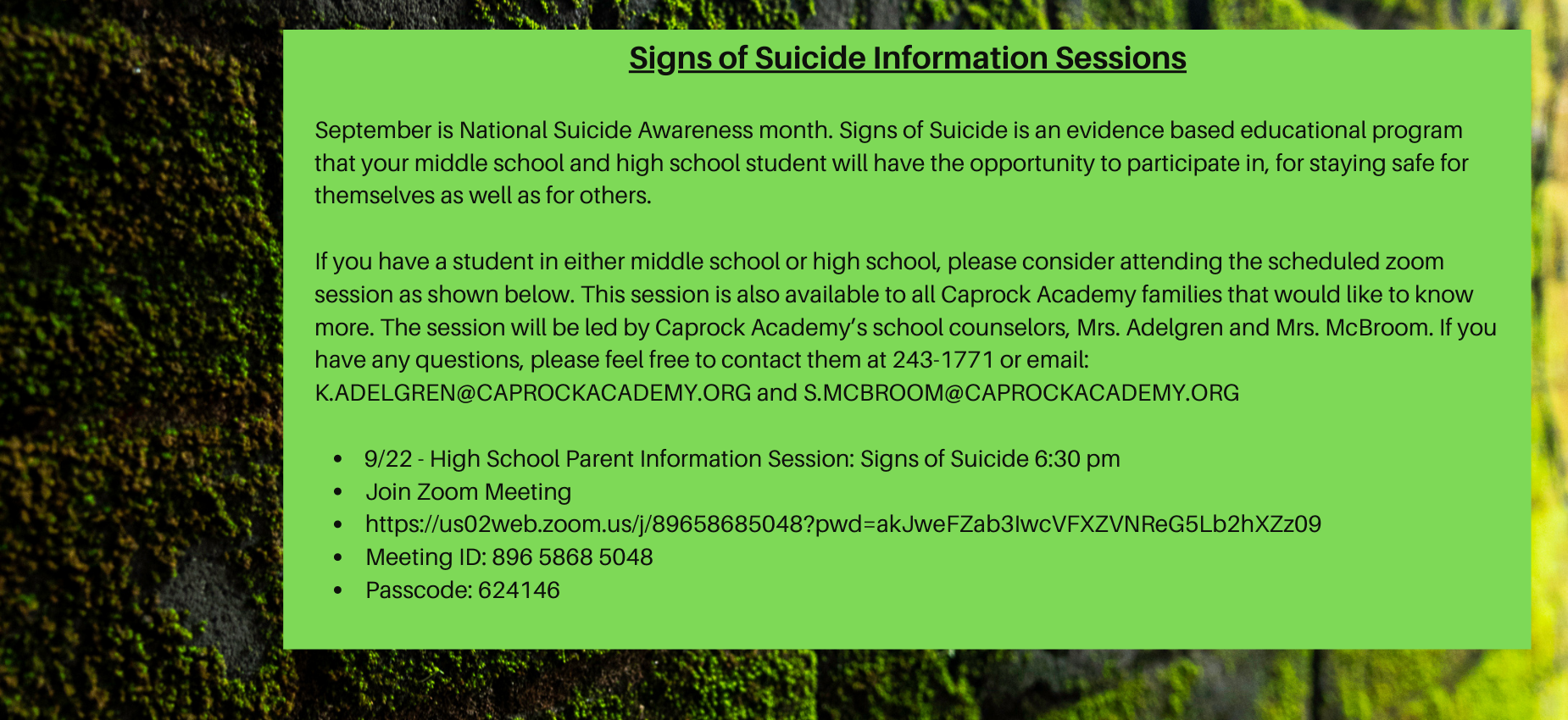 Signs of Suicide Information Sessions