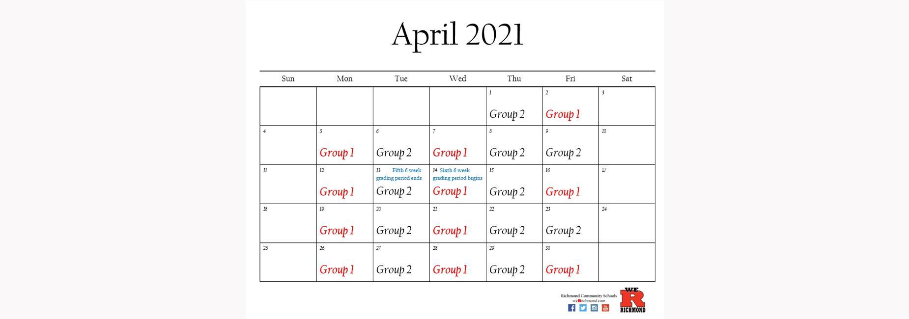 April 2021 Hybrid Calendar