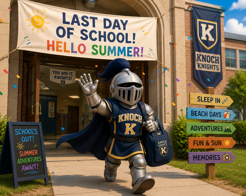 knight walking out the door waving goodbye