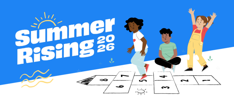 Screen print of Summer Rising 2026 Flyer with students playing hopscotch