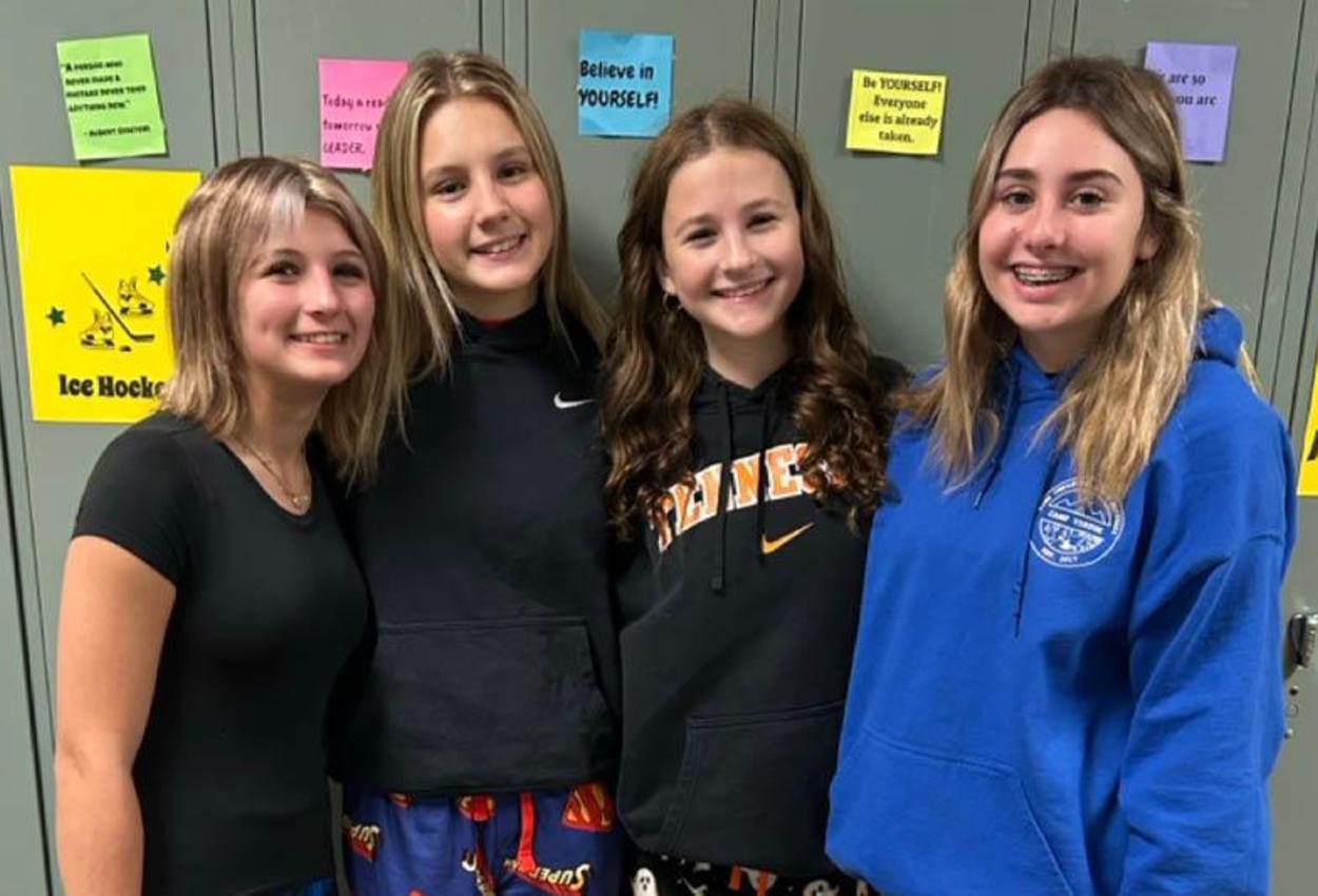Trafford Middle School students are shown wearing pajamas for Red Ribbon Week
