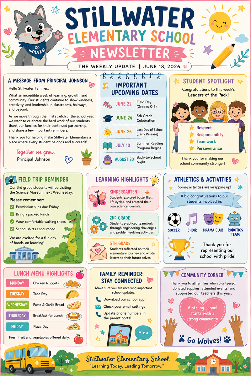 Colorful school newsletter featuring events, highlights, and illustrations.