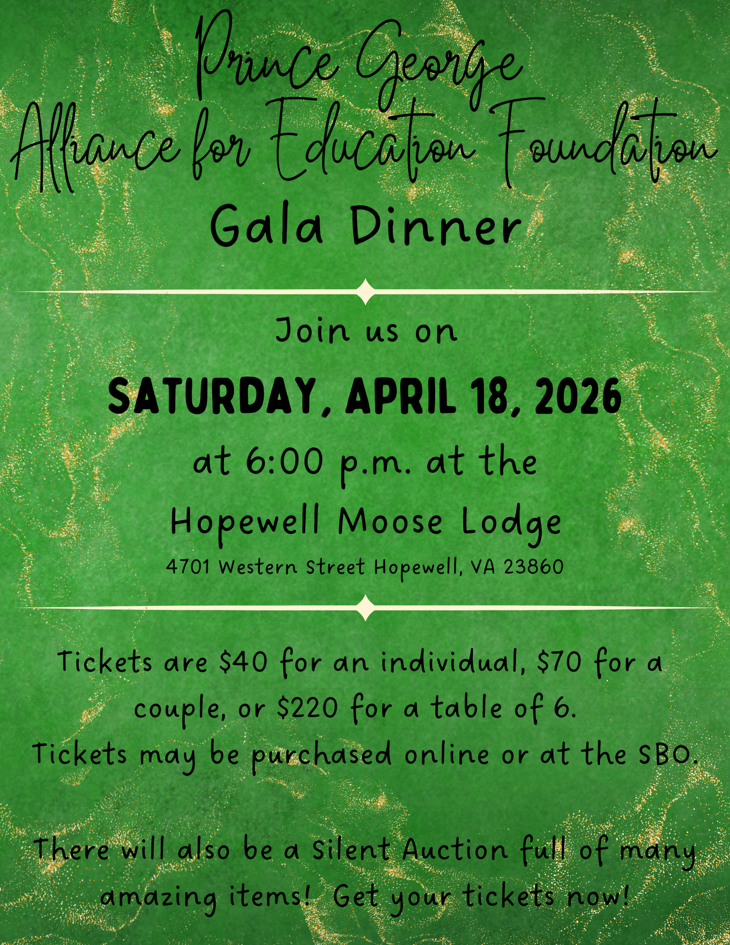 A flier for the upcoming PGAEF gala dinner on April 18