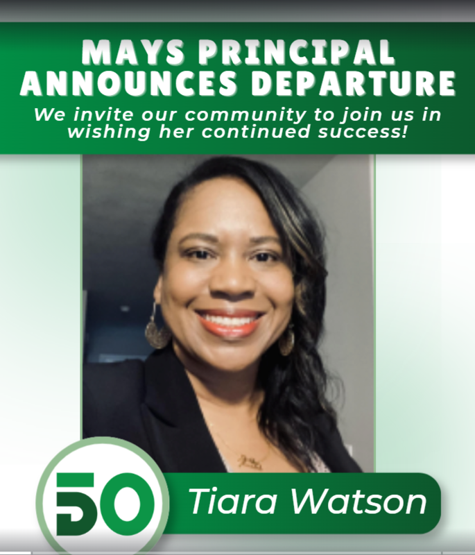 Mays Principal Departure w/ Graphics and Text