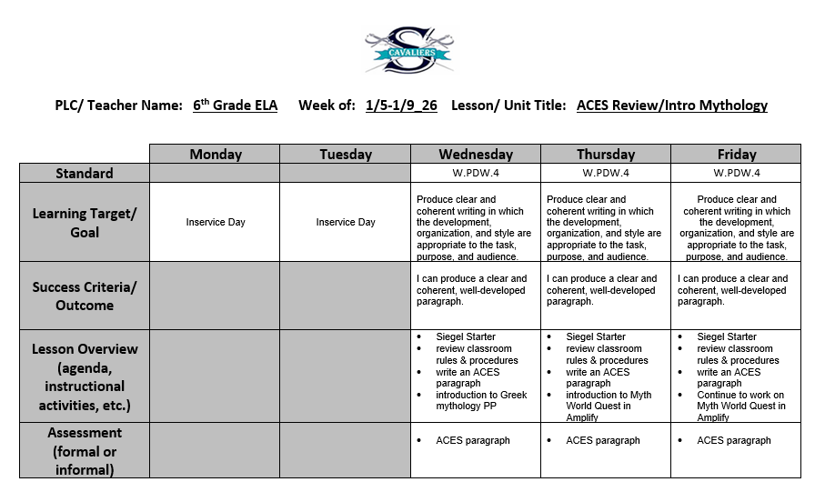 ELA Lesson Plans January 7 - 9