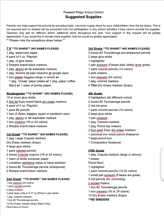 supply list