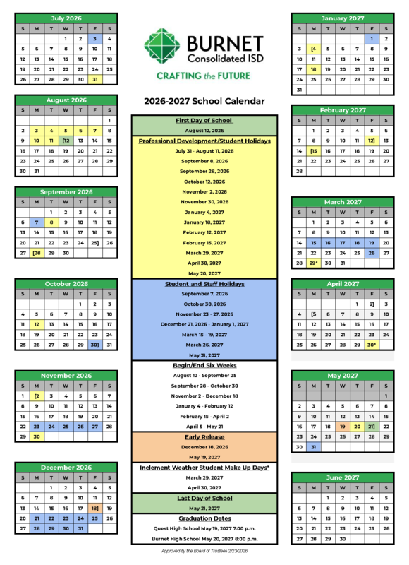 2026-2027 Academic Calendar Approved at February Board Meeting Featured Photo