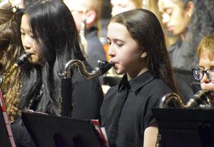 Musicians performing in an ensemble with woodwind instruments.