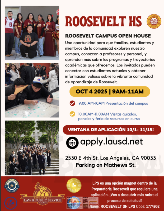Spanish Flyer about Open House for Law & Public Service Magnet at Roosevelt