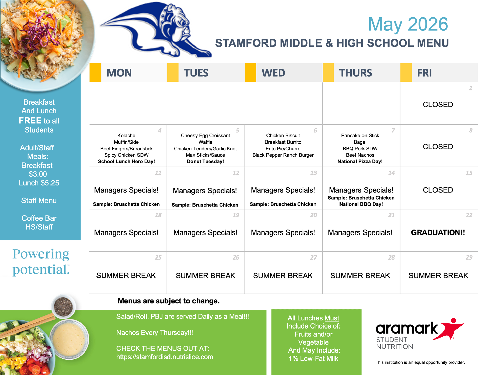 HS and MS May Menu 2026