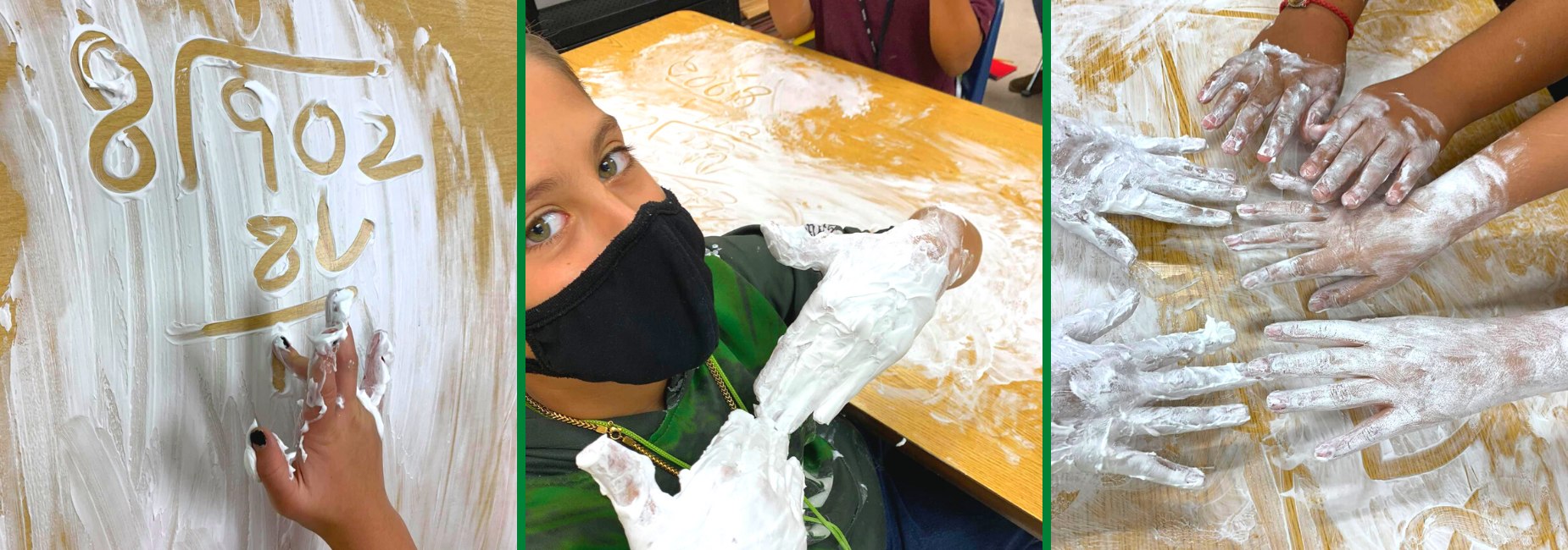 students doing math in shaving cream on their desks