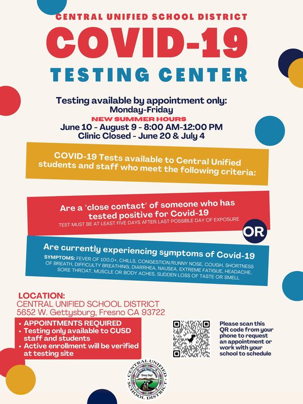 Covid-19 testing center- summer hours