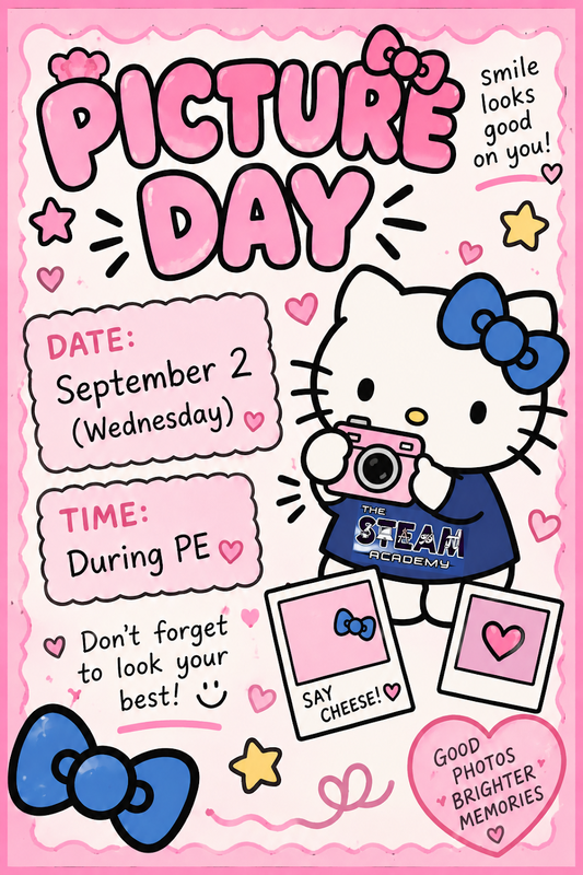 Picture Day is Wednesday, September 2nd! Students will take pictures through their PE classes, so come dressed to impress!