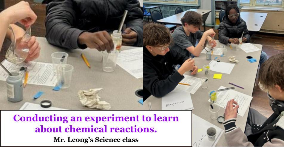 collage of Mr. Leong's Chemistry class conducting an experiment to learn about chemical reactions