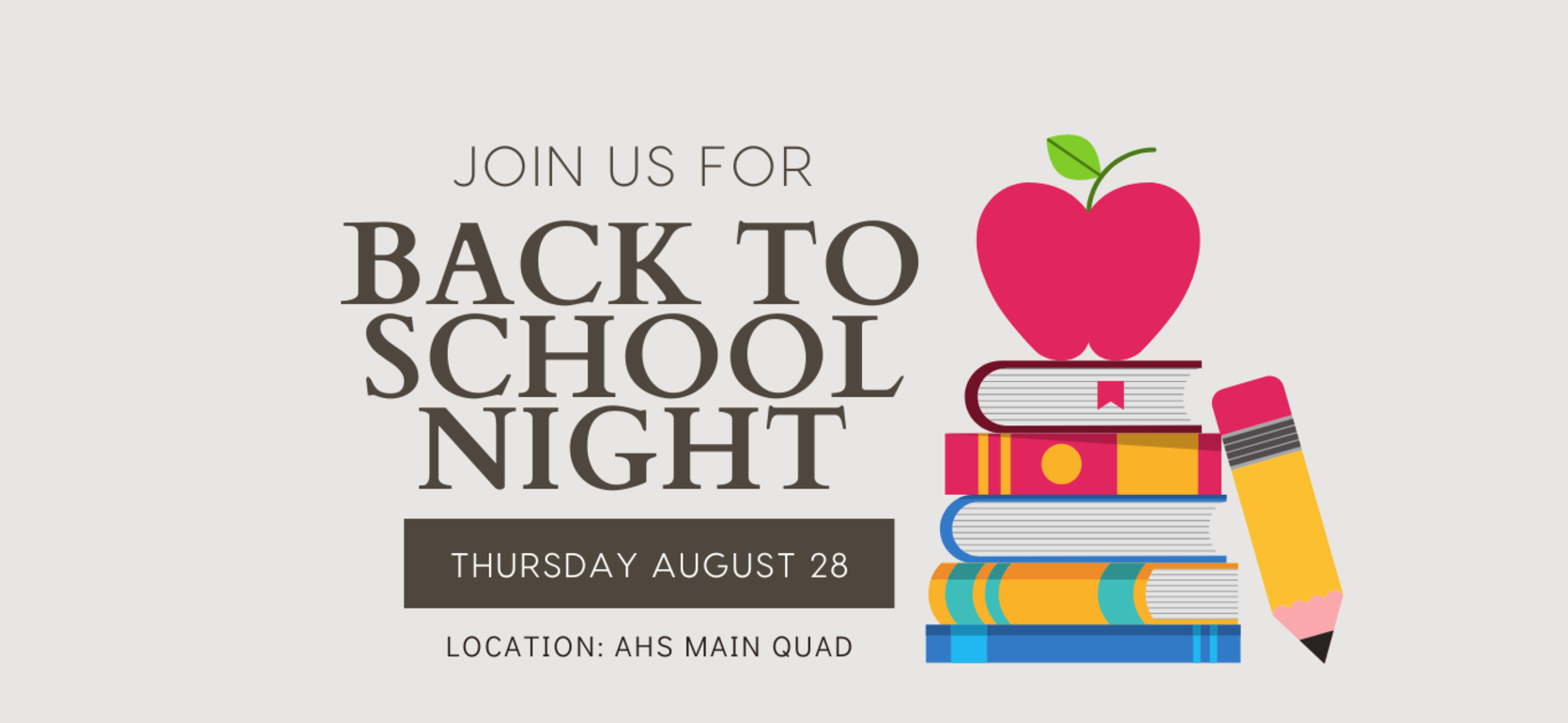 Back to School Night promotional graphic with books, an apple, and a pencil.