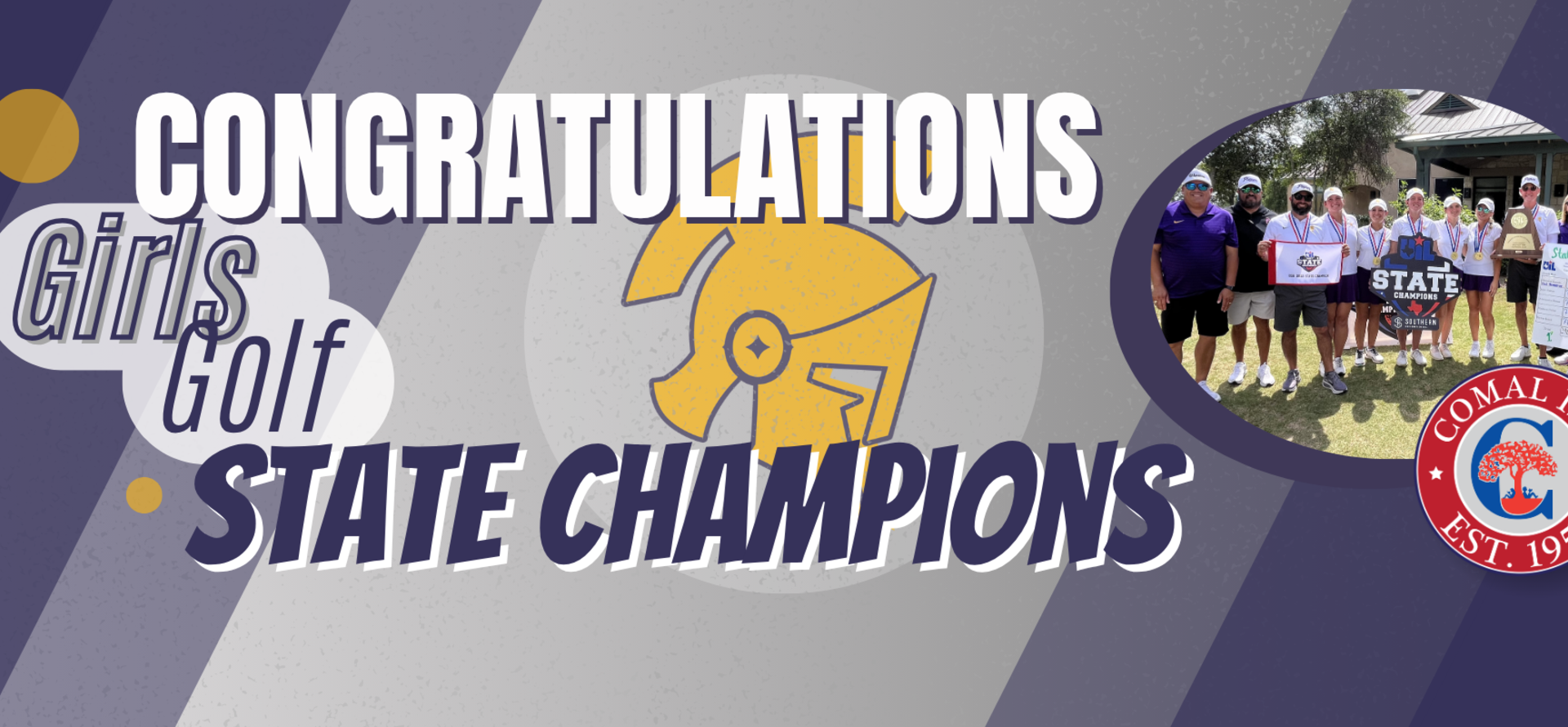 Celebratory graphic for Girls Golf State Champions with team photo.