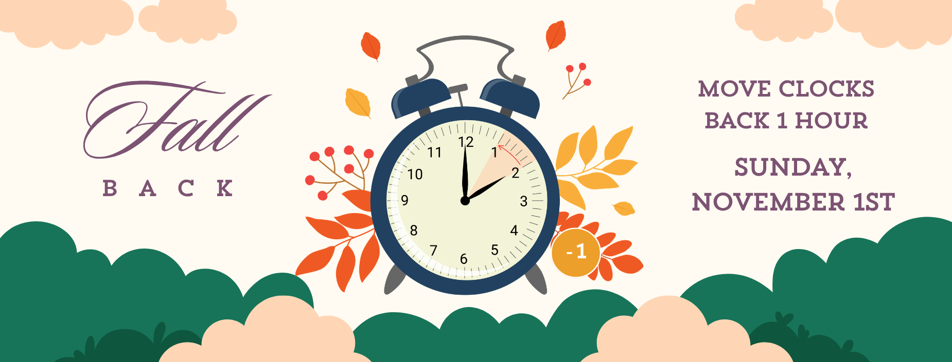 Daylight savings time ends Sunday, November 1st.  Move your clock back one hour.