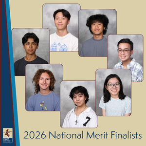 Graphic with photo of seven students and text: 2026 National Merit Finalists