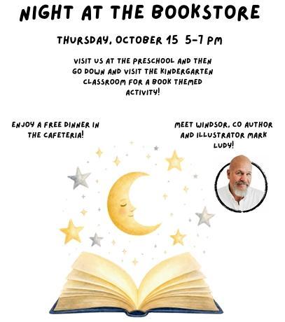 Flyer announcing literacy night with stars and a moon and a picture of a man smiling