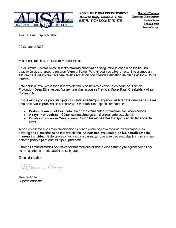 Letter to parents about Orenda study - Spanish