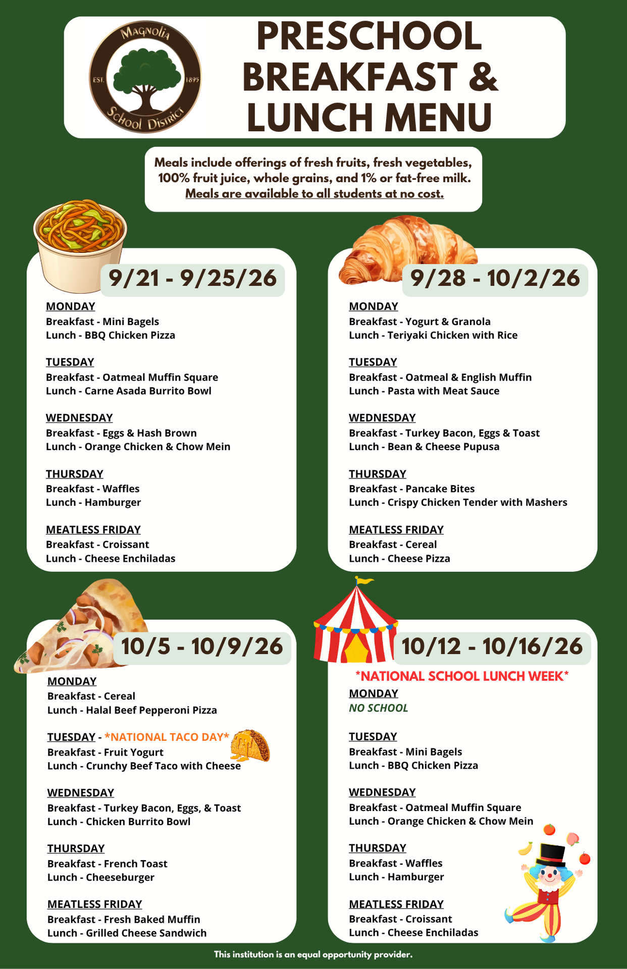 Preschool Breakfast and Lunch Menu SEPT-OCT 2026