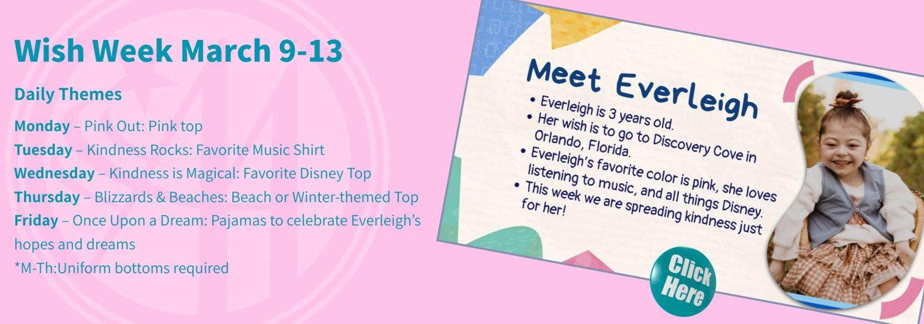 Event schedule for Wish Week with daily themes and activities.