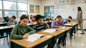Fourth-grade students in a classroom taking standardized tests