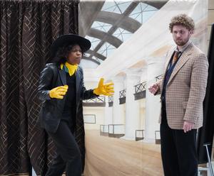 An actor with Bright Star Theatre portrays a Buffalo Soldier and talks with another actor.