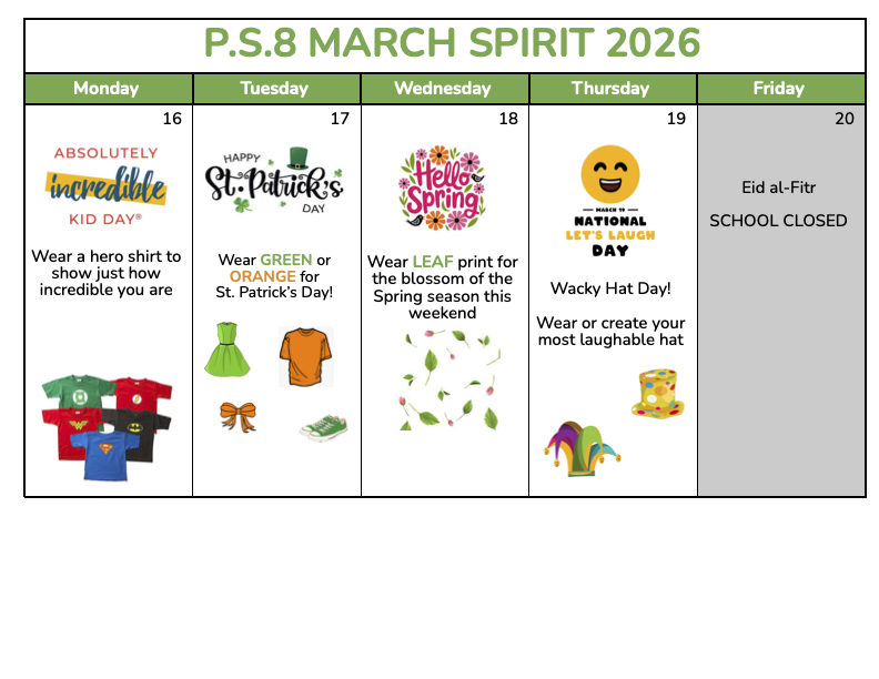 PS 8 March School Spirit Calendar