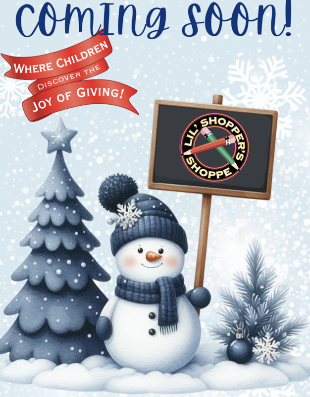 wintery background with snowman holding sign and evergreen tree