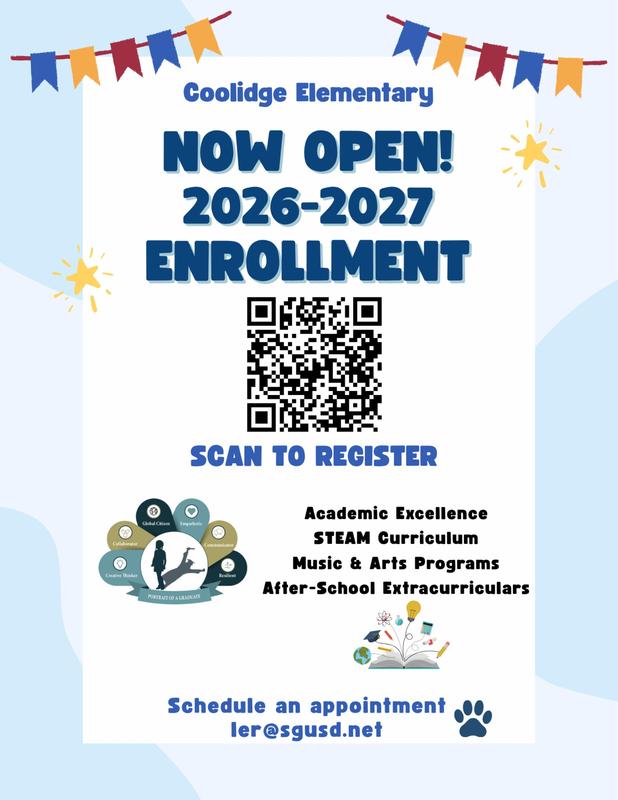 Flyer with a QR announcing that enrollment for the 2026 - 2027 school year is open.