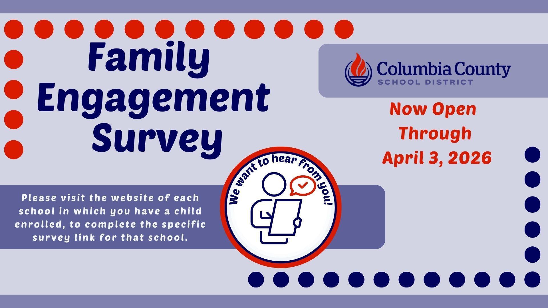 Banner promoting a family engagement survey with school district details.