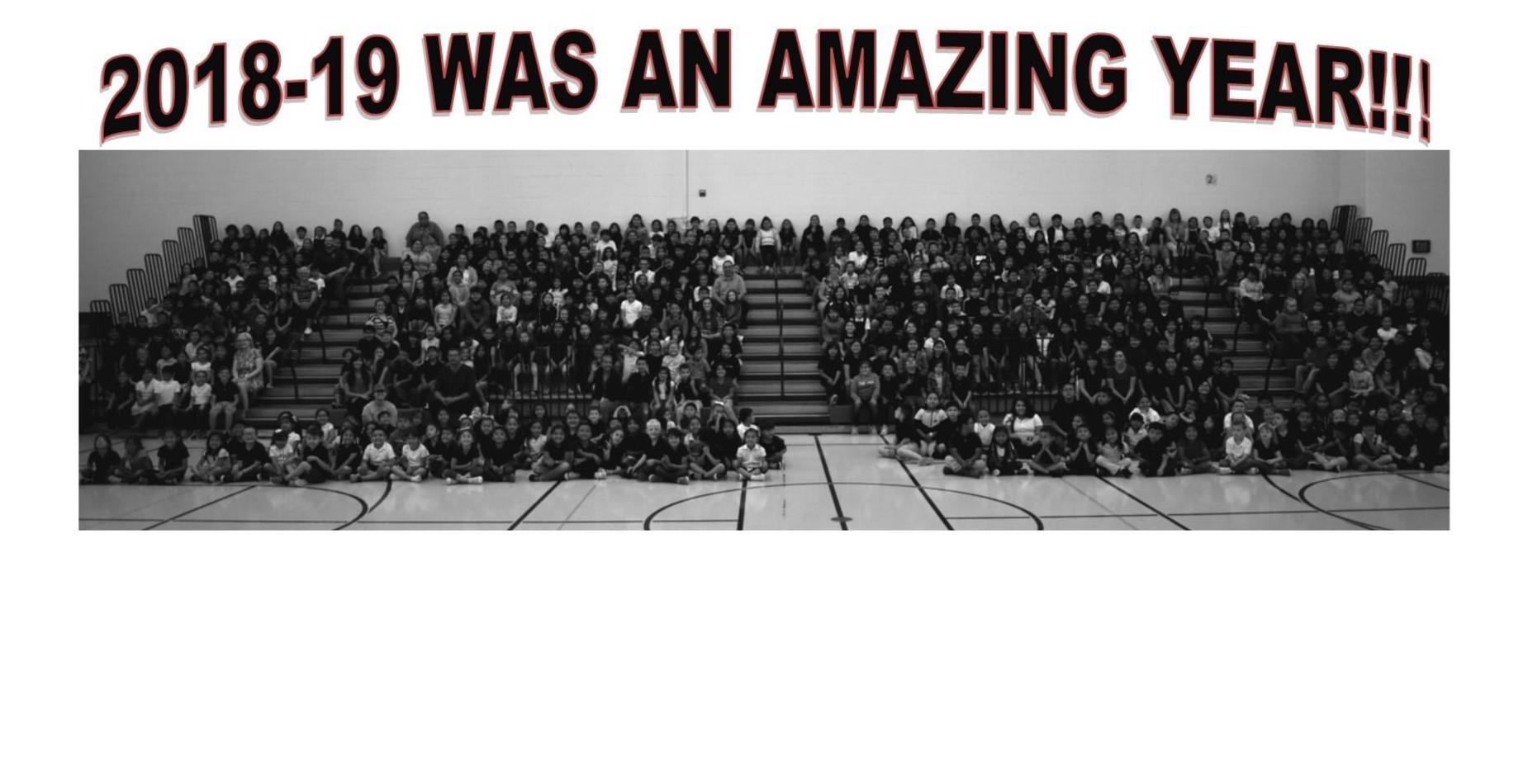A picture with all the students from Roosevelt Elementary in the gym, sittitng in the bleachers.