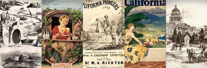 A collage of historic California related posters
