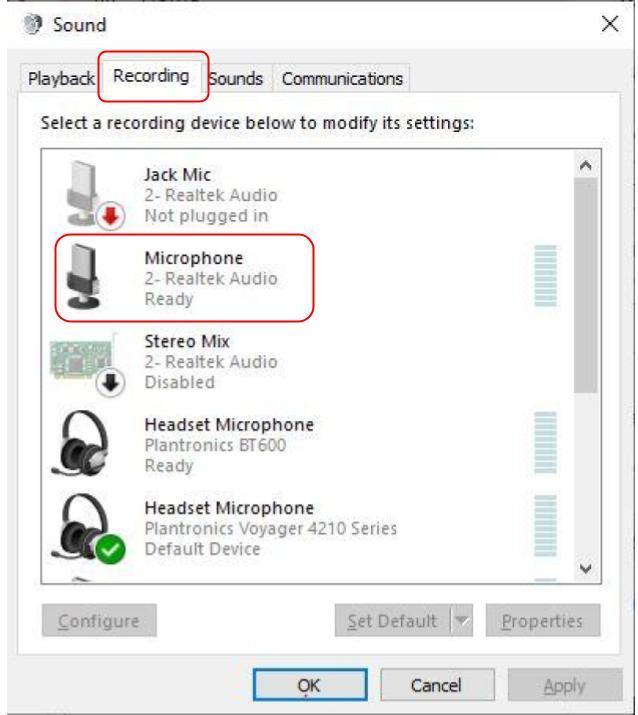 recording and microphone settings