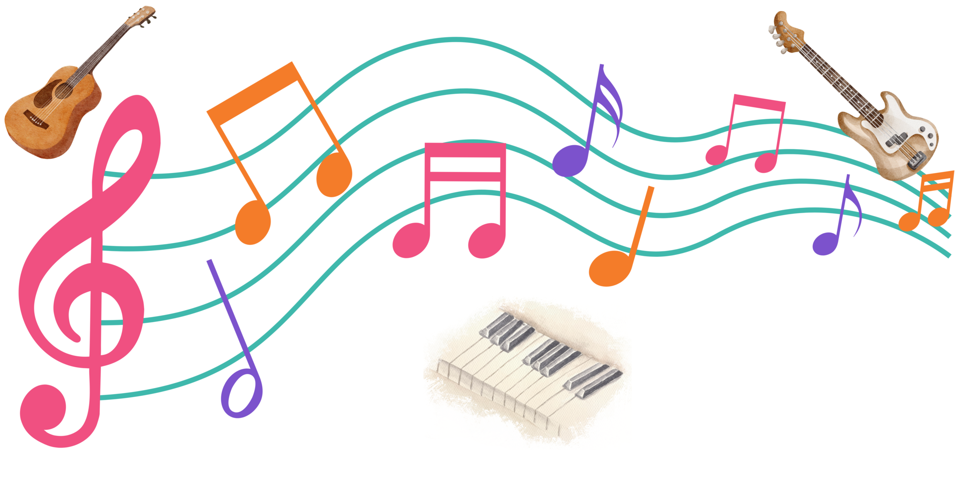 Music Webpage Banner with colorful music composition and watercolor instruments