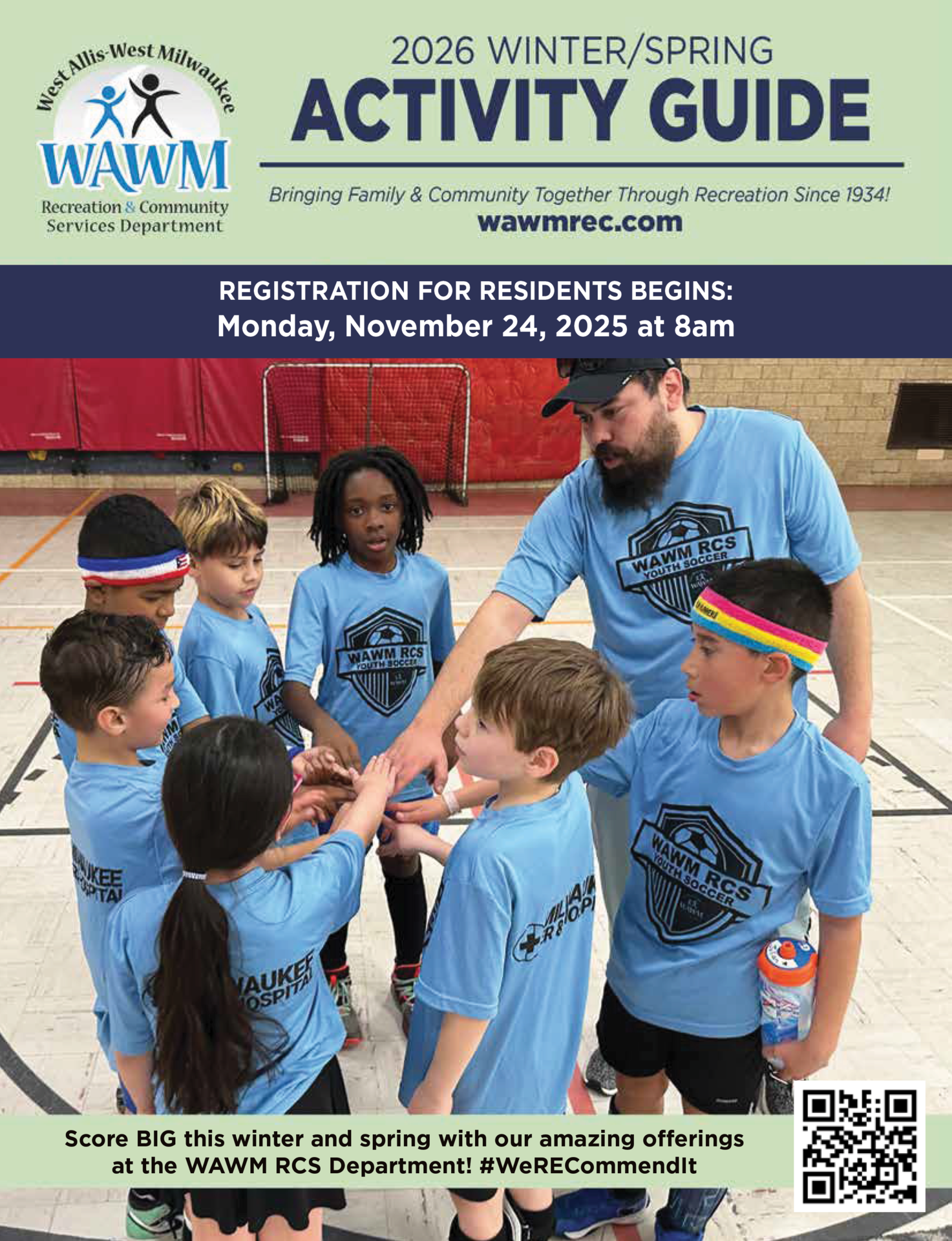 2026 Activity Guide Cover for the Winter Spring Guide with kids playing soccer with coach.