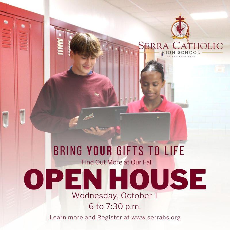 Serra Catholic Fall Open House ad with two students using their Chromebooks