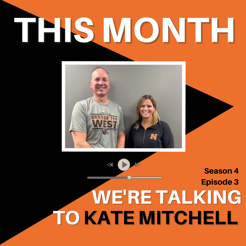 Orange and black background with a picture of Dr. Webber and Kate Mitchell posing for a picture together.